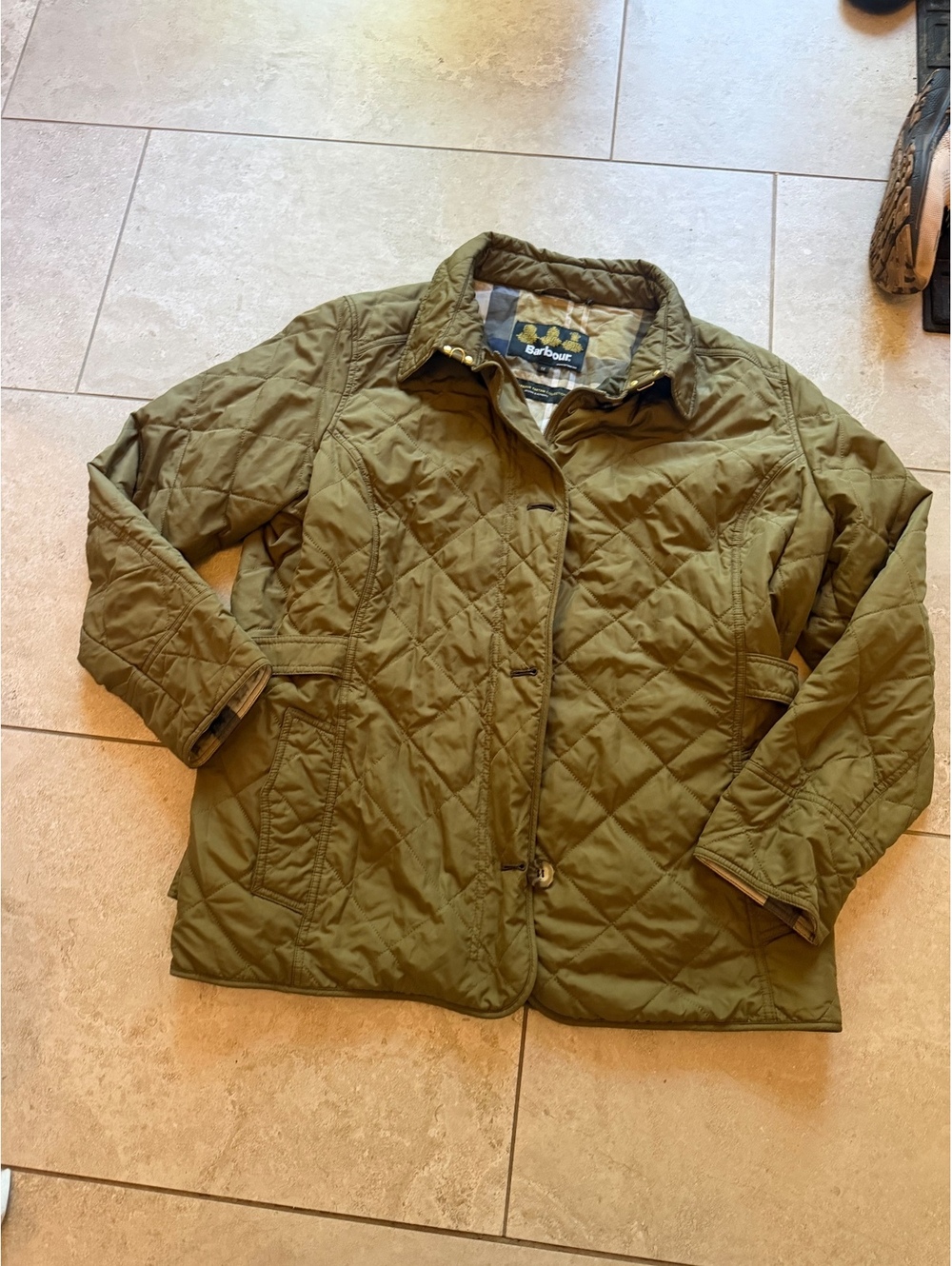Barbour Nelson Quilted Womens Jacket plaid lining olive green 1x plus coat